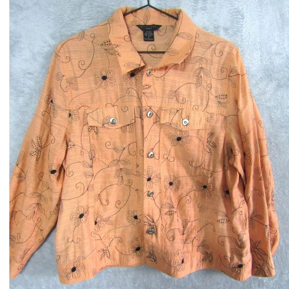 SILKLAND WOMAN Peach Floral Embroidered Silk Blend Button Down Shirt‎ Jacket 1X